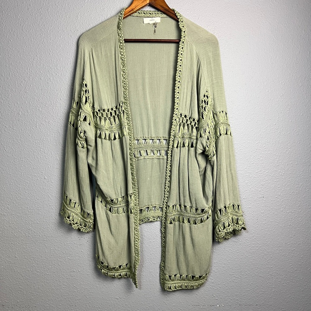 Entro Olive Green‎ Crochet Trim Open Front Cardigan Kimono Cottagecore Size M